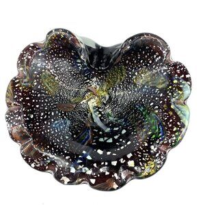 Murano Tutti Frutti MCM Art Glass Cobalt Pinched Ashtray Dish Bowl Silver 7" W